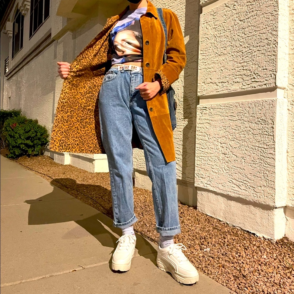 Brown suede jacket with cheetah print lining